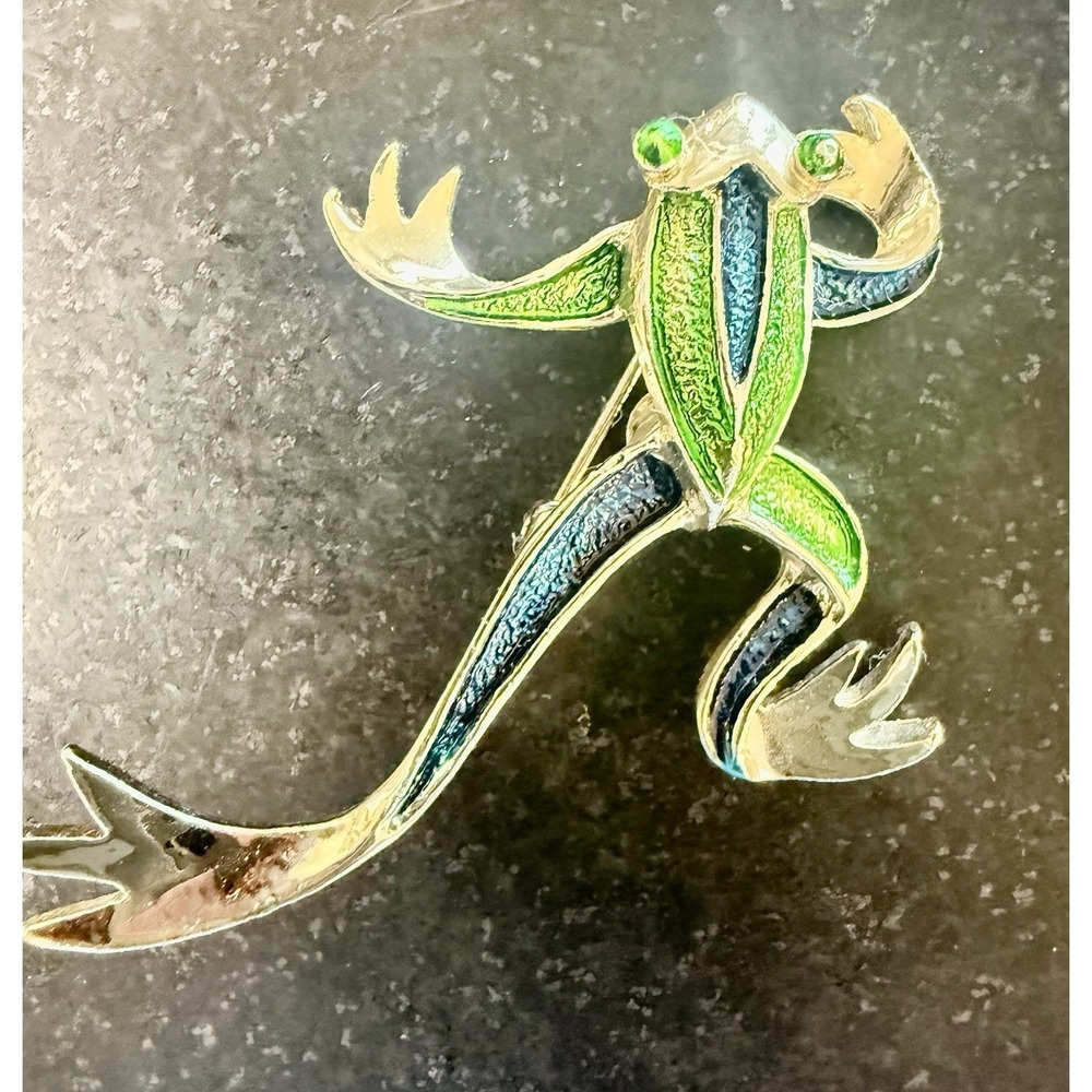 Vintage Signed Gerry Jumping Frog Brooch Pin Blue and Green Silver Whimsical!